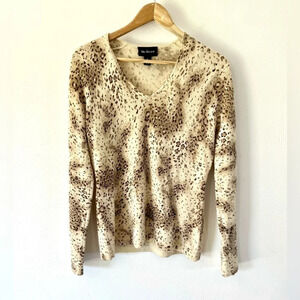 McDuff‎ Cashmere Animal Print Long Sleeve V-Neck Knit Sweater Size Medium